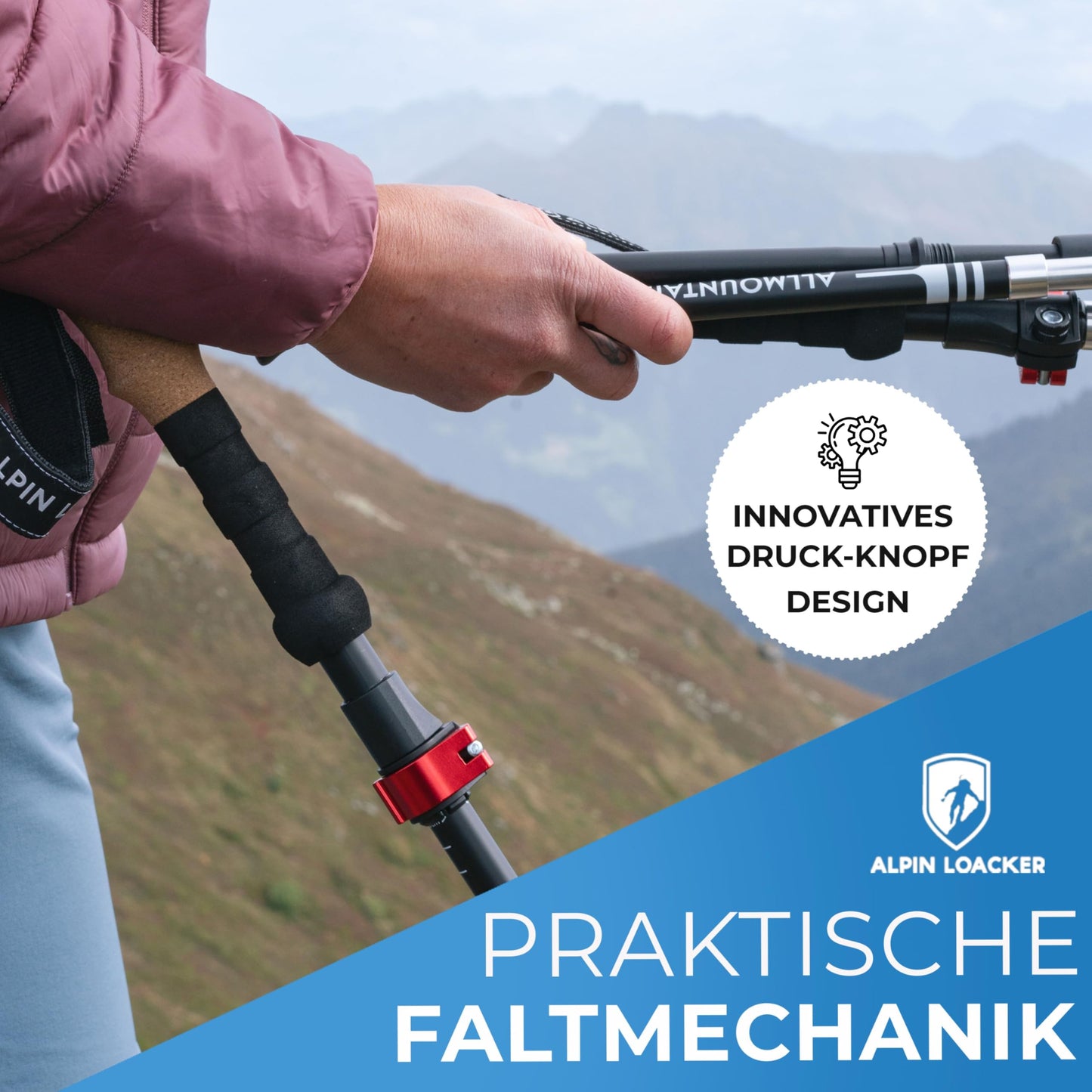ALPIN LOACKER Folding Aluminum Hiking Poles with Cork Grip I Women's Nordic Walking Poles I Lightweight Foldable Telescopic Trekking Poles for Mountain Sports, 115-135 cm