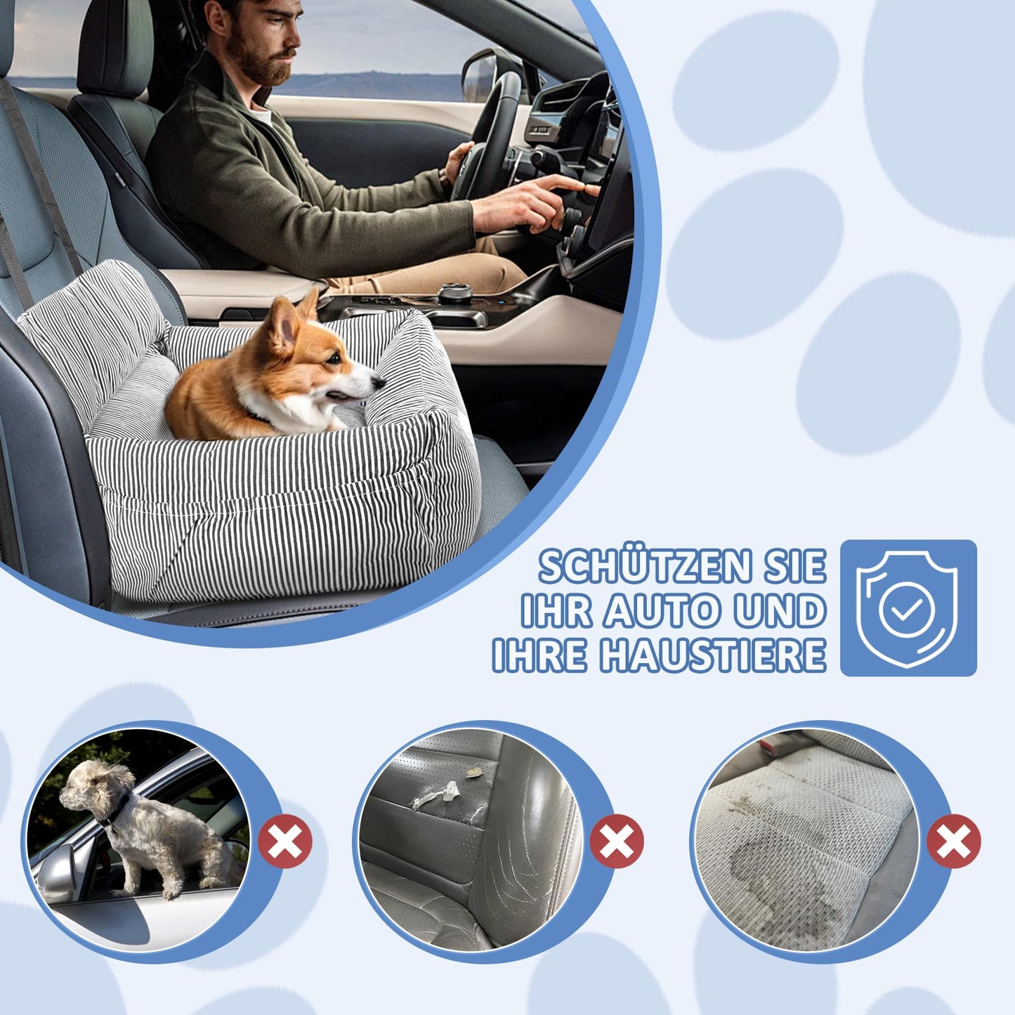 CALIYO dog car seat with sturdy base & safety belt | dog car seat for small up to 10 kg | memory foam seat cushion | waterproof, washable dog basket with storage bag (black/white)