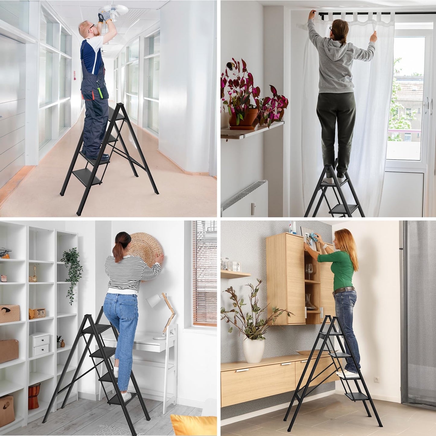 TLGREEN Aluminum Step Ladder 4-Step Foldable Ladder Non-Slip Step Ladder Household Ladder Multifunctional Step Stool Easy to Store up to 150kg Capacity for Kitchen Household Outdoor Office Black