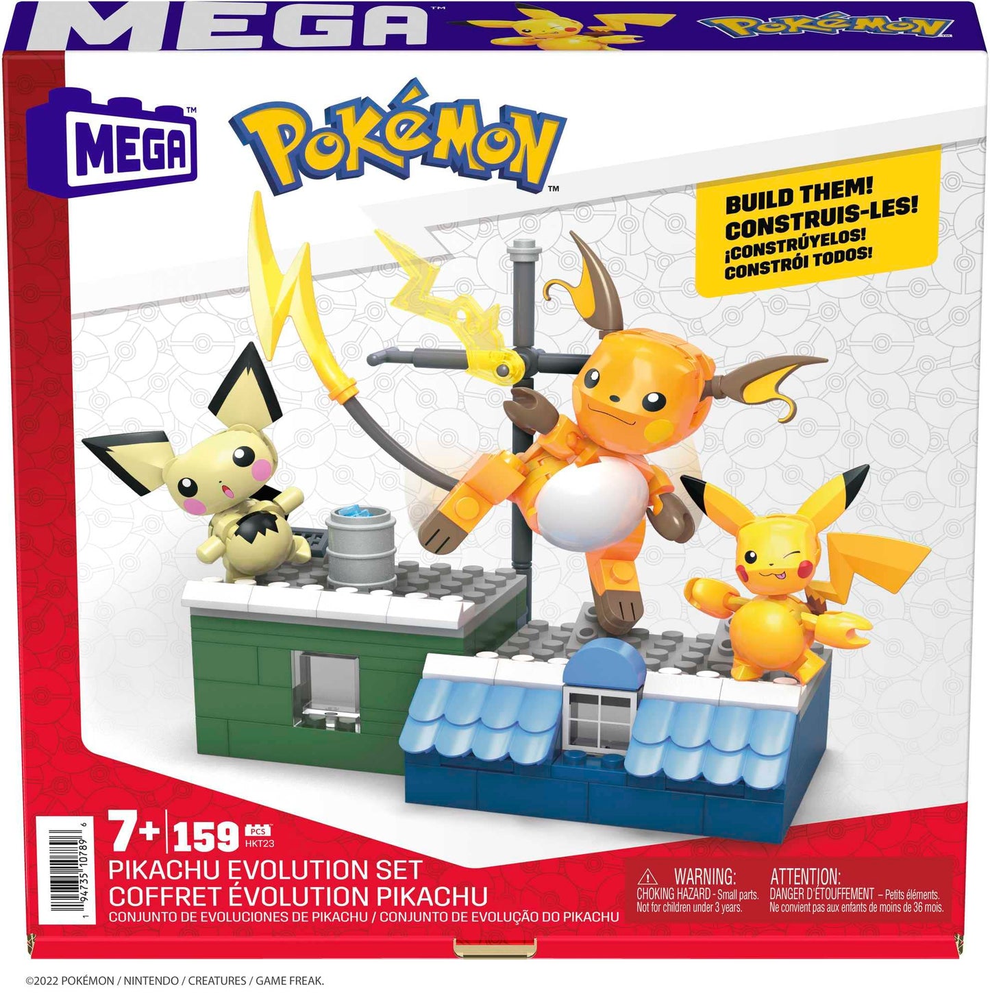 Mega Brands POKÉMON Pikachu - Evolution set with Pichu, Pikachu, and Raichu, featuring themed environment and battle effect elements, for kids 6+. HKT23