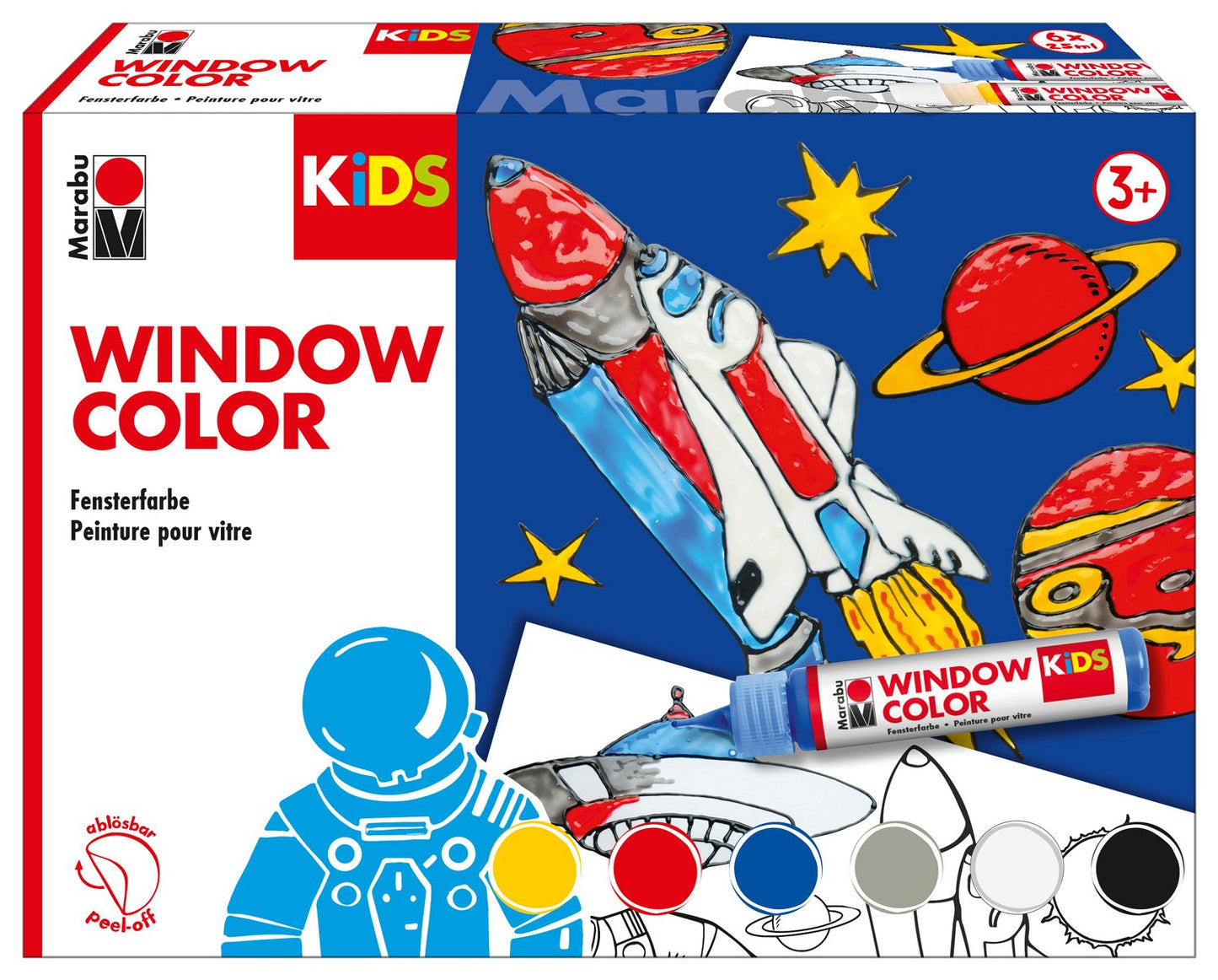 Marabu 0306000000001 - Kids Window Color Space, water-based paint, removable on smooth surfaces like glass, mirrors, tiles, and film, 6 x 25 ml paint, coloring template A3 with 18 designs and film A4.
