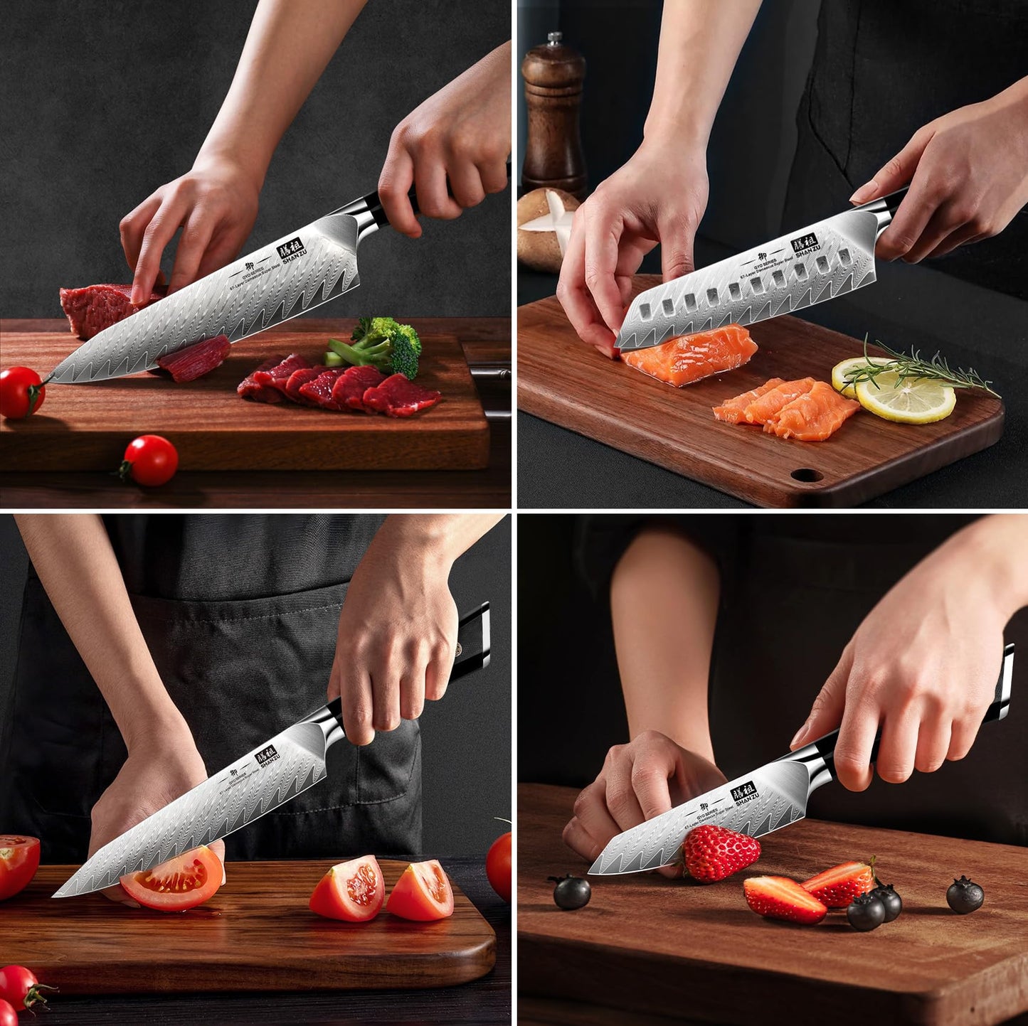 SHAN ZU Damascus Steel Knife Block with 7-piece Kitchen Knife Set made of Japanese 10Cr15CoMoV premium steel, Professional Kitchen Knife with G10 Handle - GYO Series