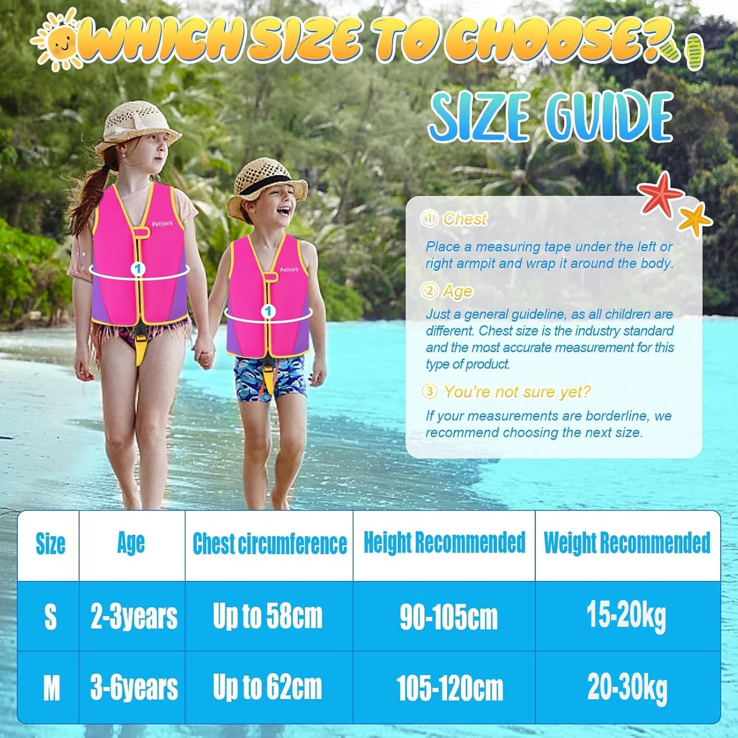 Petiyark Adjustable Kids Swim Vest, Neoprene Swim Aid for Children, Lightweight and comfortable, Supports swim training, Suitable for boys and girls aged 3-6 years - Pink.