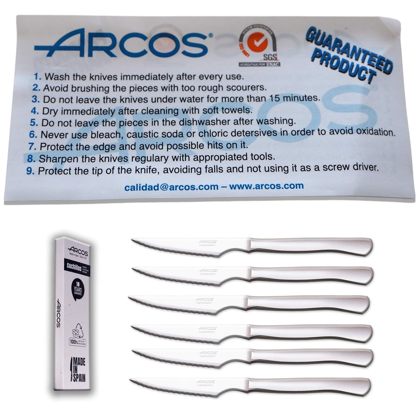 Arcos Meat Knife Set | 6 pieces | Steak knife Brand Arcos | Stainless steel cutlery | Blade 110 mm | Monoblock handle | Dishwasher safe | environmentally friendly packaging