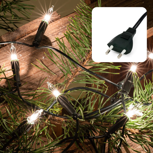 Illuminated indoor string lights powered by electricity, mini string lights with 100 clear warm bulbs, 14.85m lit up, green cable with 100 lights and plug for Christmas <59 lumens 839012