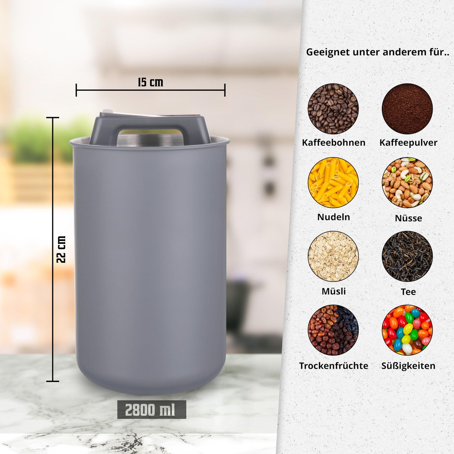 KC Kitchen & Co. Coffee canister airtight for 1 kg coffee beans - Stainless steel storage container with vacuum lid & aroma seal - Storage canister for coffee, tea, sugar, muesli - Gray (2800 ml)