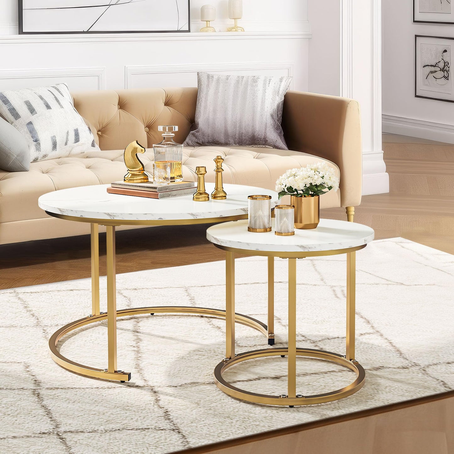 YITAHOME 2-piece Round Coffee Table Set, Modern Living Room Table, Stackable, with Storage Space, Wood Top, Metal Frame, Side Table, Cocktail Tea Center Table for Living Room, Home Office, White