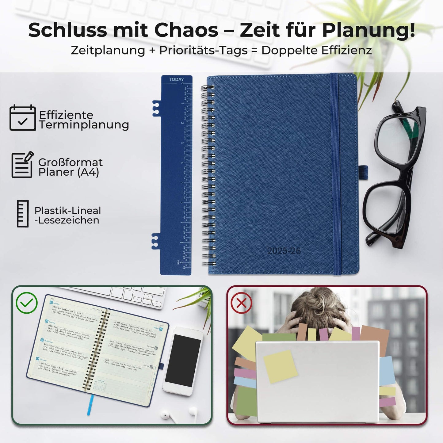 IN-LUXPRO Calendar 2025 2026 Weekly Planner, A4 (29 x 21.7cm), 18-Month Book Calendar (Jul.2025-Dec.2026) Ring binder with softcover, weekly calendar with self-adhesive pen holder, Navy Blue.