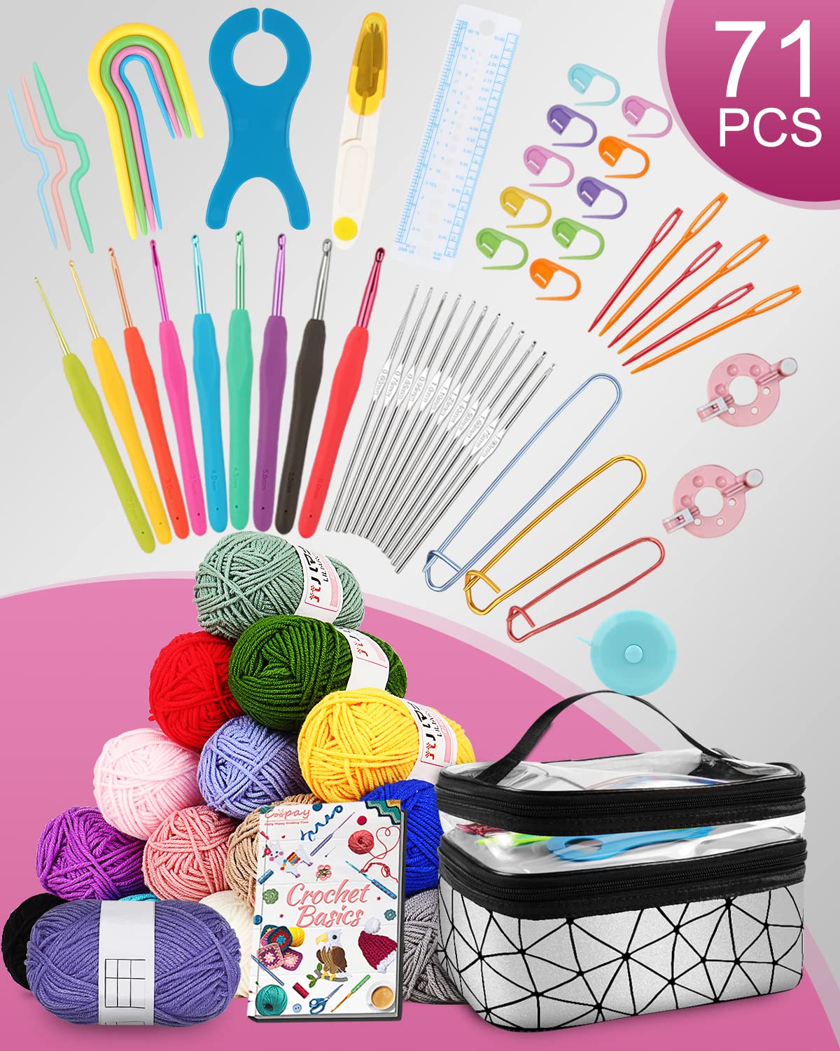 Coopay crochet set for beginners, 71 pieces crochet hook set with bag and yarn, premium crochet set with knitting accessories and yarn, 0.6-6.0mm crochet hook set, complete crochet for beginners gifts, silver