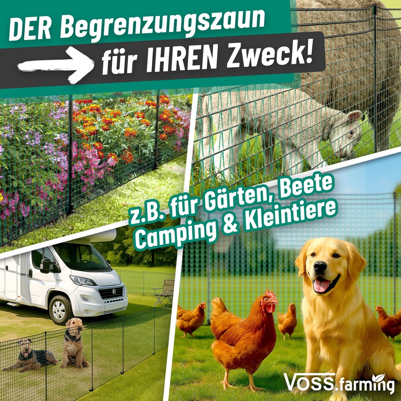VOSS.farming 20m garden net, universal boundary fence, 80cm, 12 posts, dark green, dog fence, camping fence, garden protection.