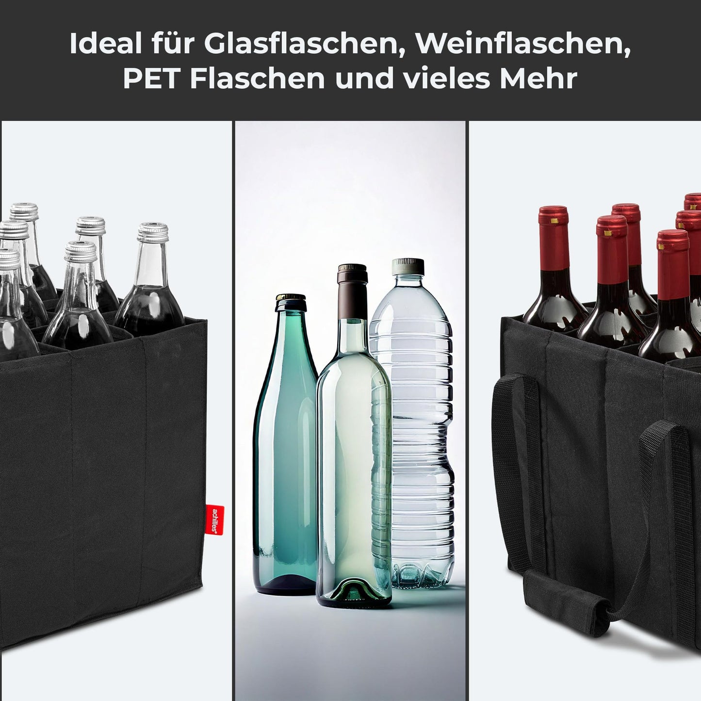 Achilles bottle holder with 12 compartments for 1.5 liters each. Tear-resistant bottle carrier with Velcro fastening. Foldable with dividers for water bottles, wine, and beer. Black.