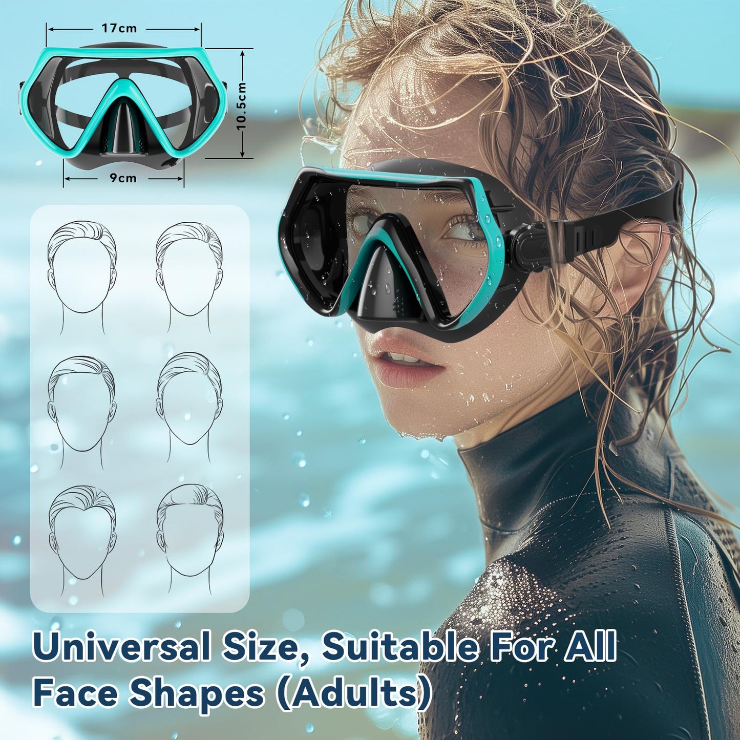 Adult Diving Mask, 180° Wide Angle Anti-Fog Dive Mask with Adjustable Silicone Strap, Snorkel Mask with HD Tempered Glass for Diving, Snorkeling, and Swimming 14+ (Green)