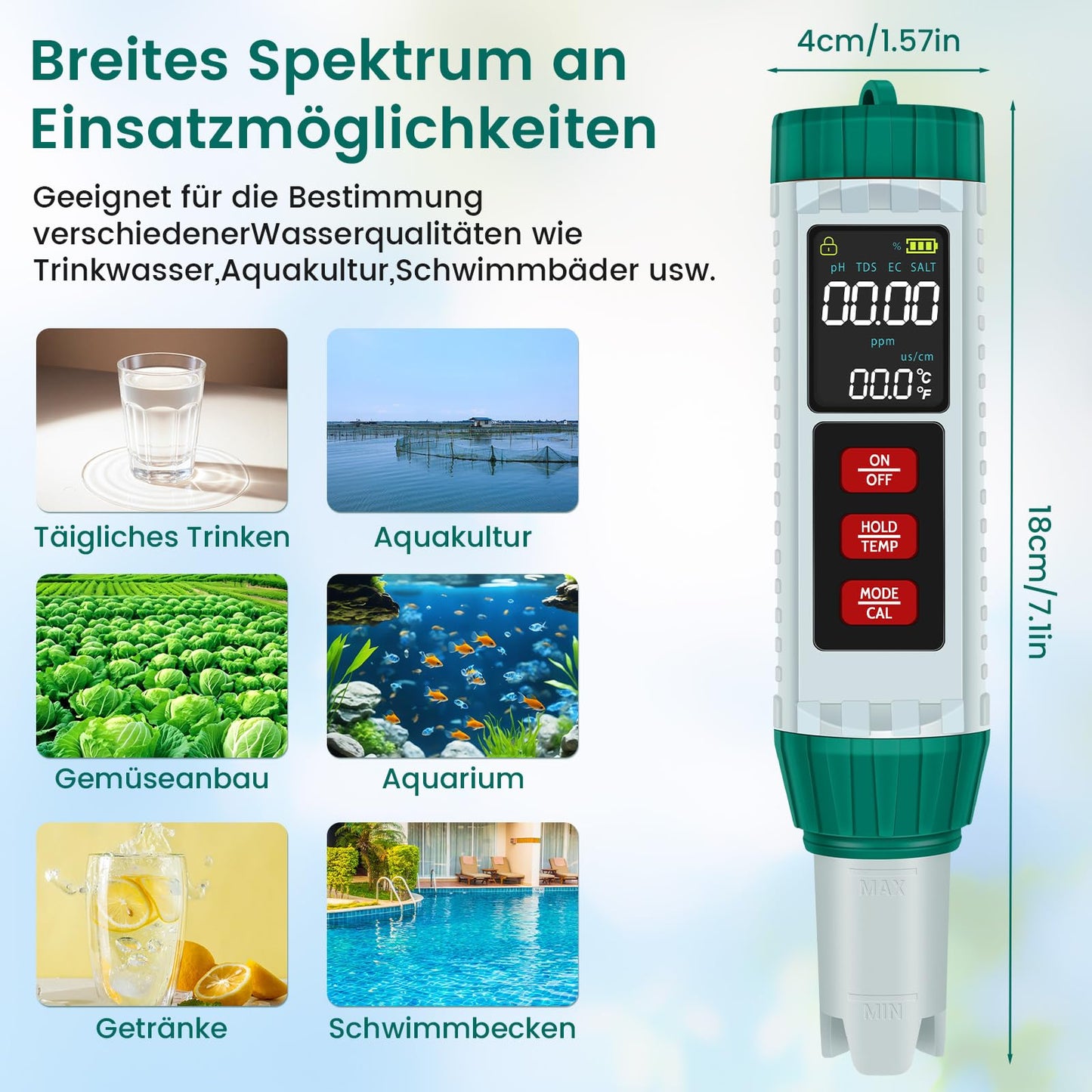 PlayDen PH Meter Water, PH/TDS/EC/Salinity/Thermometer 5 in 1 pH Value Meter with LCD Display, Automatic Temperature Compensation pH Pool Tester, High Precision Drinking Water Tester