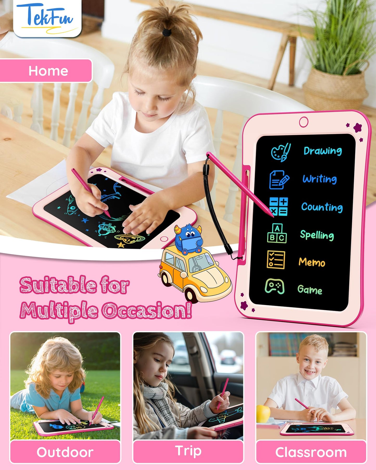 TEKFUN Kids Toy for 3 4 5 6 Year Old Boys Girls Gifts, 10 Inch LCD Writing Tablet Children Drawing Board, Educational Travel Toy Boy Girl Birthday Age 3-8 (Pink)