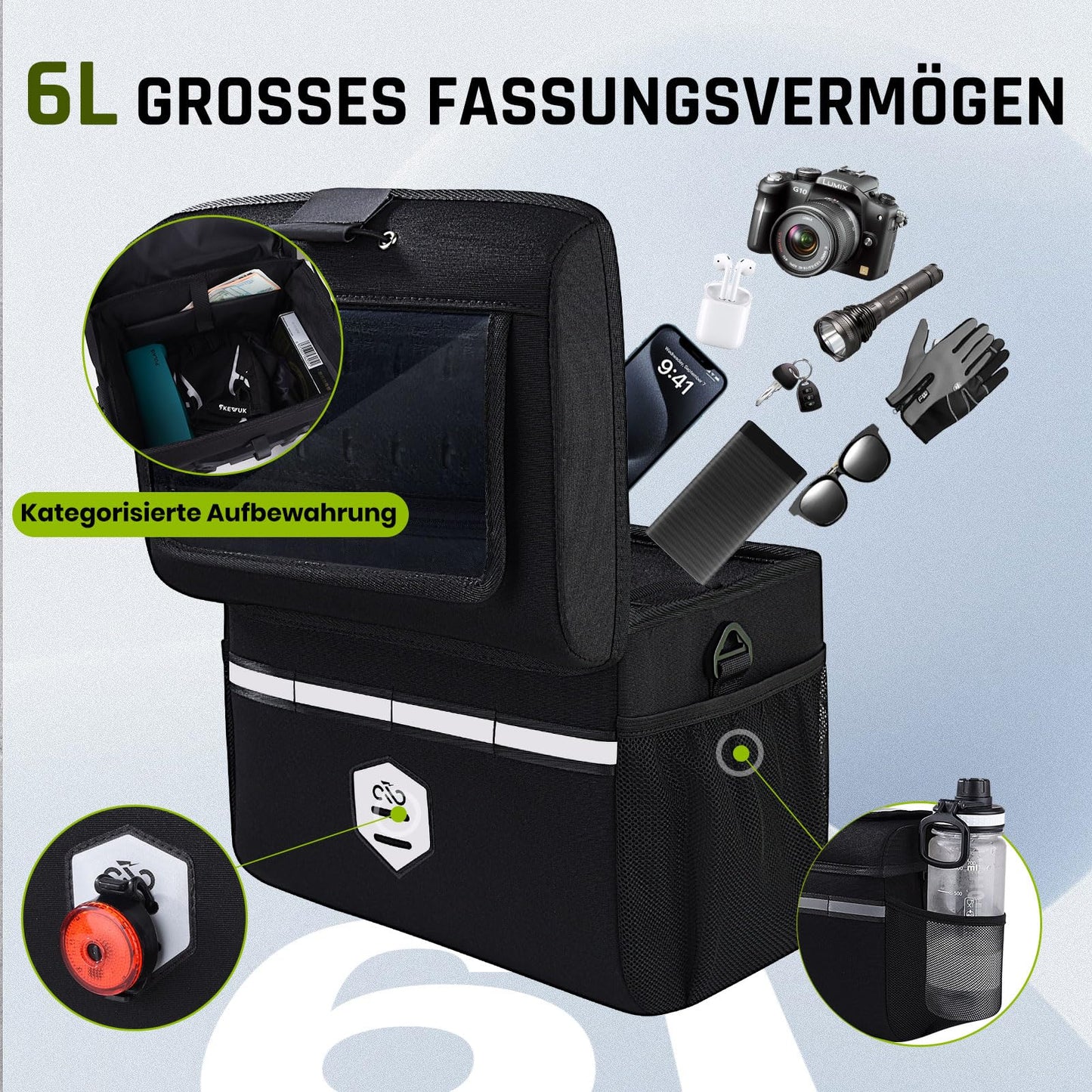 Lesolph handlebar bag for bike with handlebar adapter for bicycle and e-bike, 6L bike handlebar bag waterproof front bike basket accessory with phone holder, touchscreen, and removable shoulder strap.