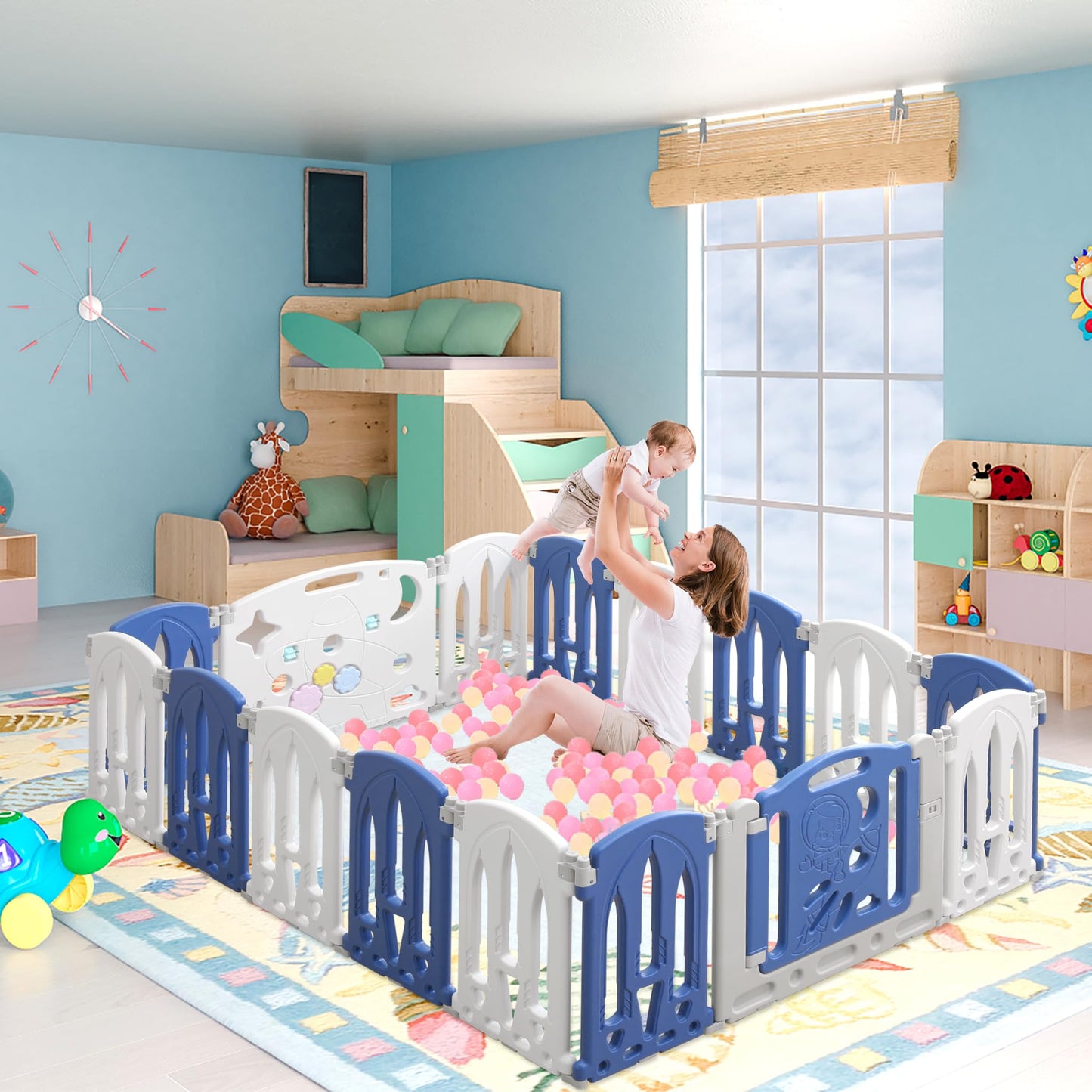 On9 Playpen Baby Playpen Foldable Baby Safety Gate with Door and Toy Board, 14+2 Panel Blue+White Baby Safety Gate, Plastic Playpen(14 Pieces)