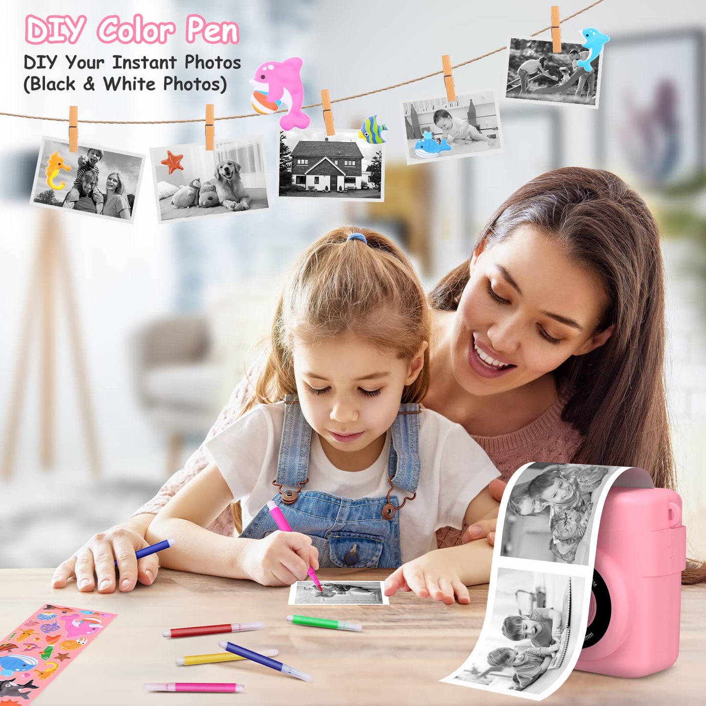 GREENKINDER Kids Camera Instant Camera, 1080P 2.4 Inch Screen Instant Camera for Kids with Printing Paper & 32GB Card, Digital Camera for Kids with Colored Pens Gift for Girls 3-12 Years