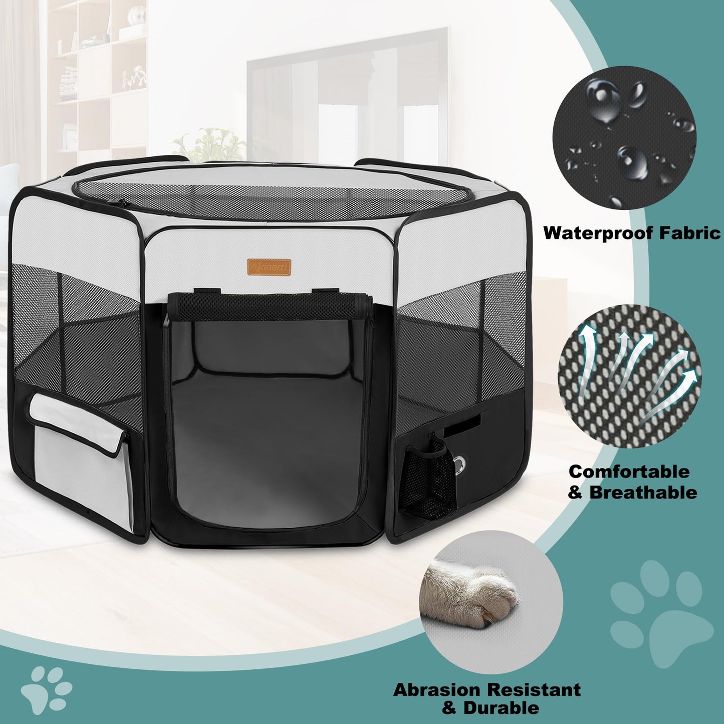 Akinerri pet playpen, portable, foldable, playpen for dogs/cats/puppies, exercise pen for dogs and cats, for indoors and outdoors, removable mesh shade cover.