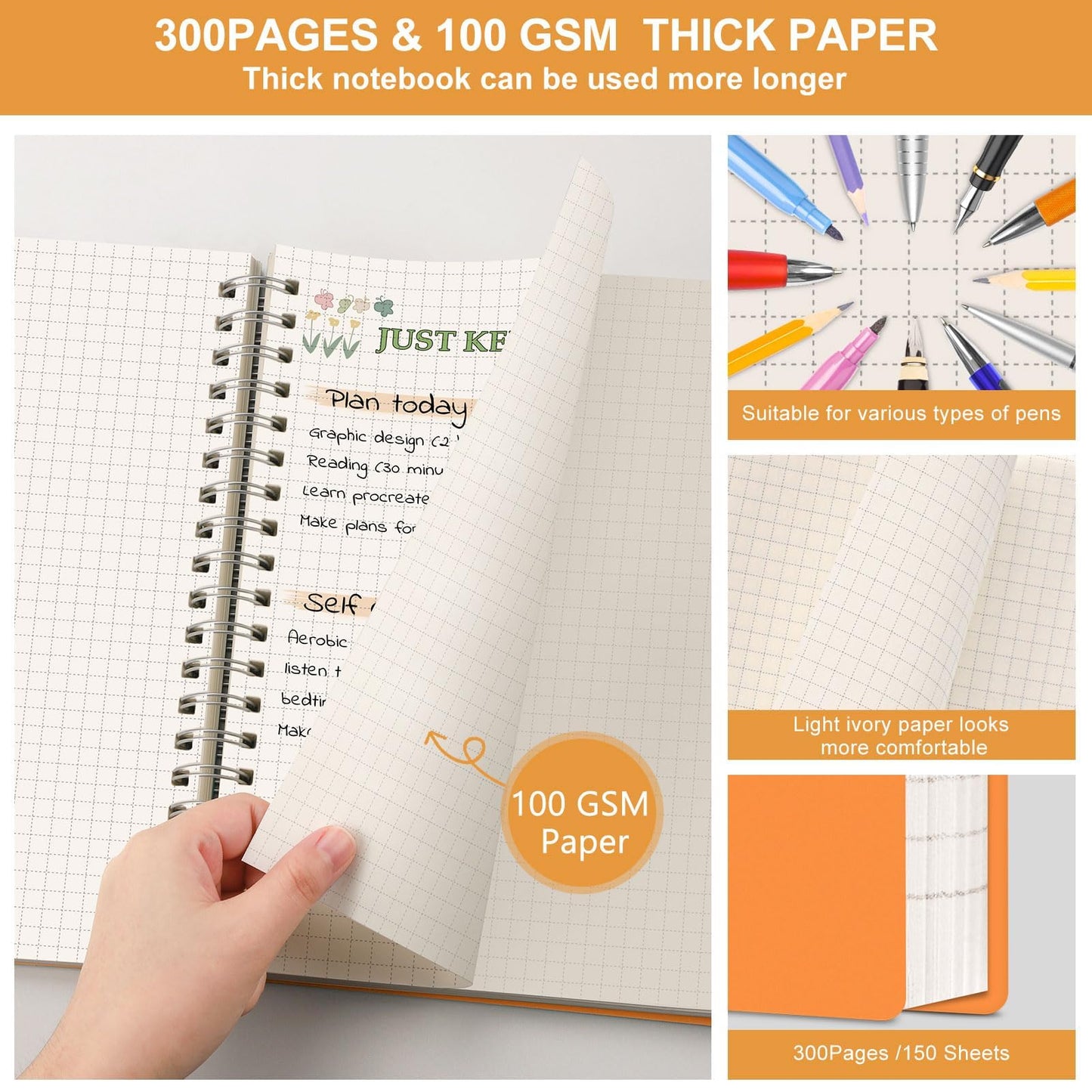 RETACY A4 Grid Notepad, Spiral Notebook 100gsm with 300 pages/150 sheets for drawing, Plastic PVC Hardcover, for diary, college, conference, travel, 21.5 x 27.9cm - Orange