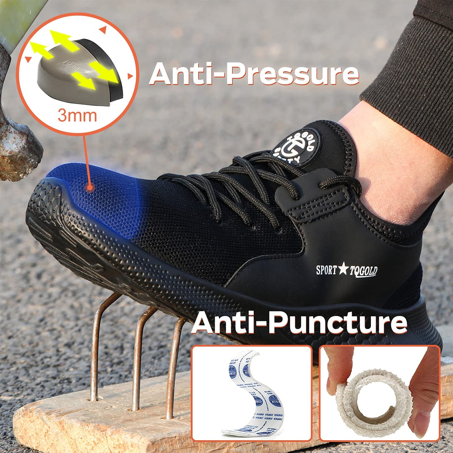 AONETIGER safety shoes for men and women. Lightweight work shoes with steel toe. Breathable, anti-slip sports protective shoes. Sneakers in size 40, black.