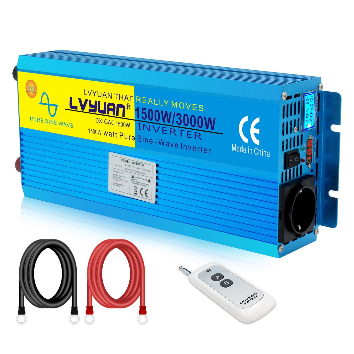 Cantonape 12V 230V inverter 1500W/3000W pure sine wave with remote control, EU socket, LED+LCD display, for car, caravan, boat, camping, travel.