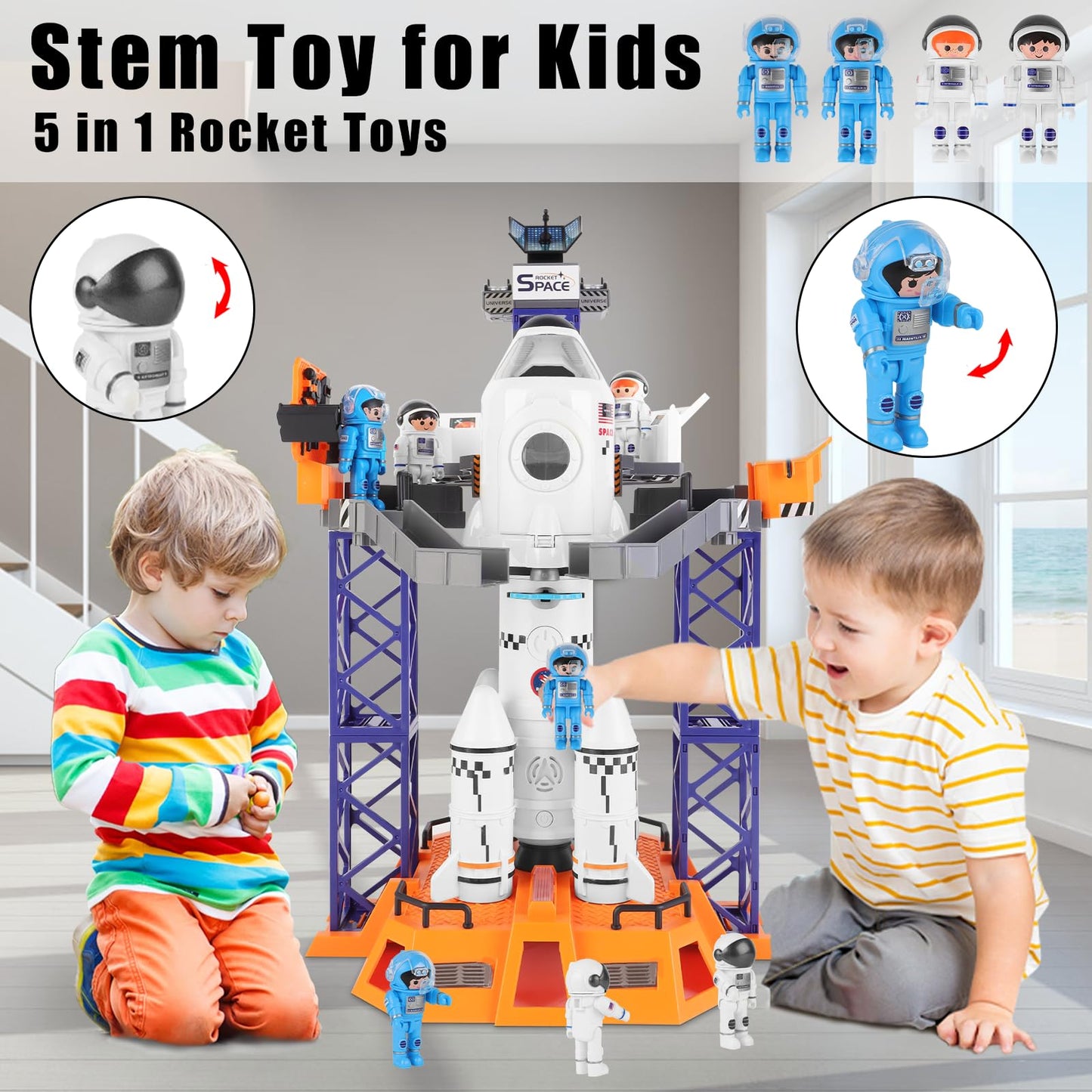 deAO Space Shuttle Rocket Toy with Light & Sound, Smoke Functions, 5 In1 STEM Science Learning Toy Projection Lamp Space Toy, with 4 Astronauts, Gift (Sky-1)