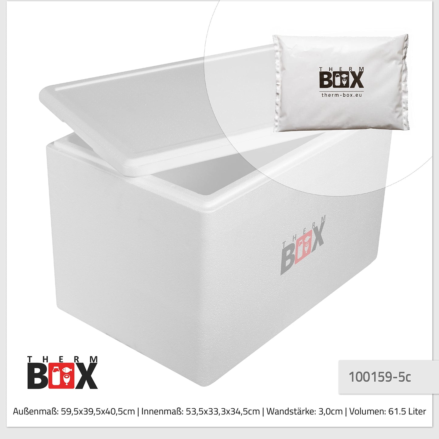 THERM-BOX Styrofoam box 61W with 5 cooling elements for cooler 61.5L Interior: 53x33x34cm Transport box Thermal container Reusable