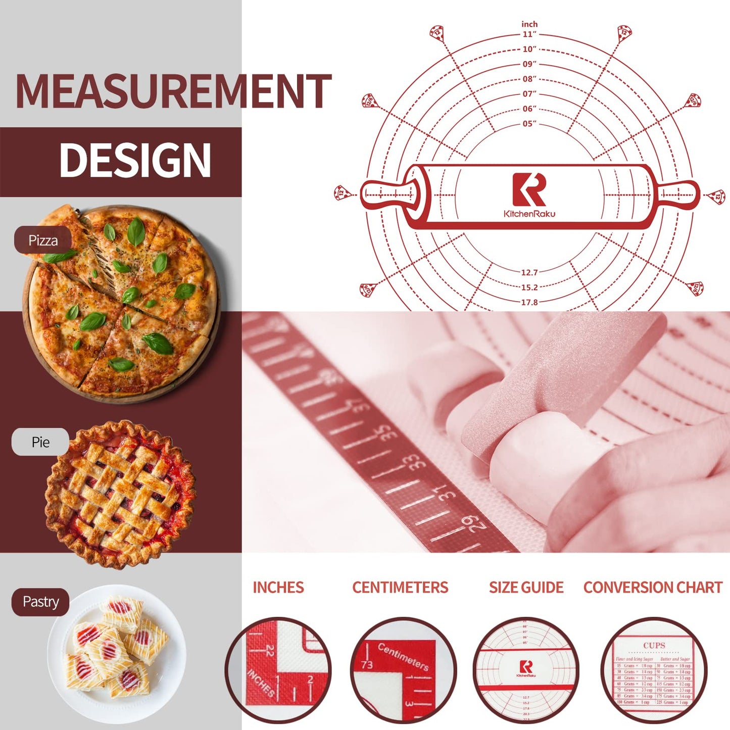 Silicone Baking Mat Extra Large 91x61cm, Antistick Silicone Mat with Measurements, Dough Mat, Baking Sheet for Oven, Rolling Mat for Dough Fondant Pastry by KITCHENRAKU KR, Red