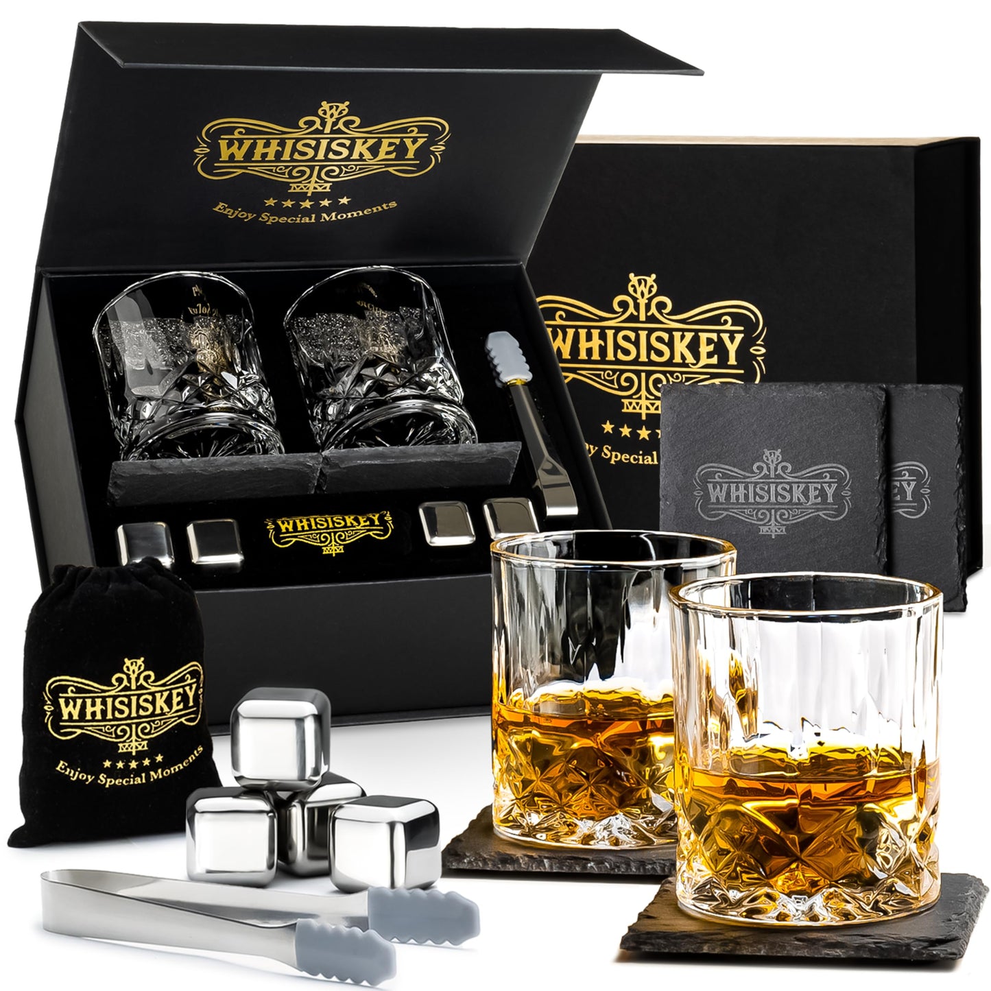 Whiskey Whiskey Glasses Set - Whiskey Gift Glass Set - Whiskey glasses - Gifts for Men - Men's gifts - Birthday gift for man - Gift box, 2 Rum glasses x 310ML, 4 Whiskey Stones
