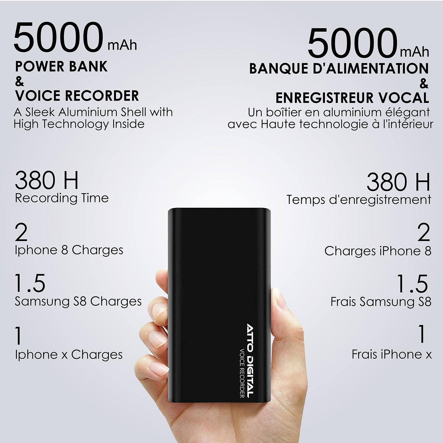 64GB Professional Recording Device - Voice Activation - 18 Days Operating Time - 11mm Thin - Power Bank Phone Charging Function - PoweREC by Atto Digital