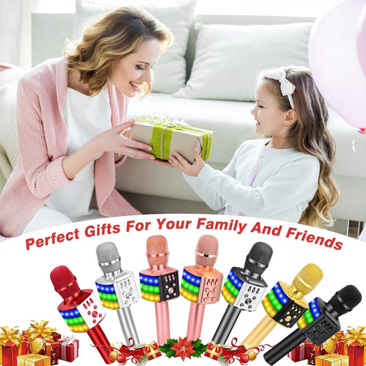 BONAOK microphone with speaker LED, Portable 4 in 1 microphone for kids with recording function, Home party Karaoke Dynamic Bluetooth Microphones for Android/iOS (Q36 Silver)