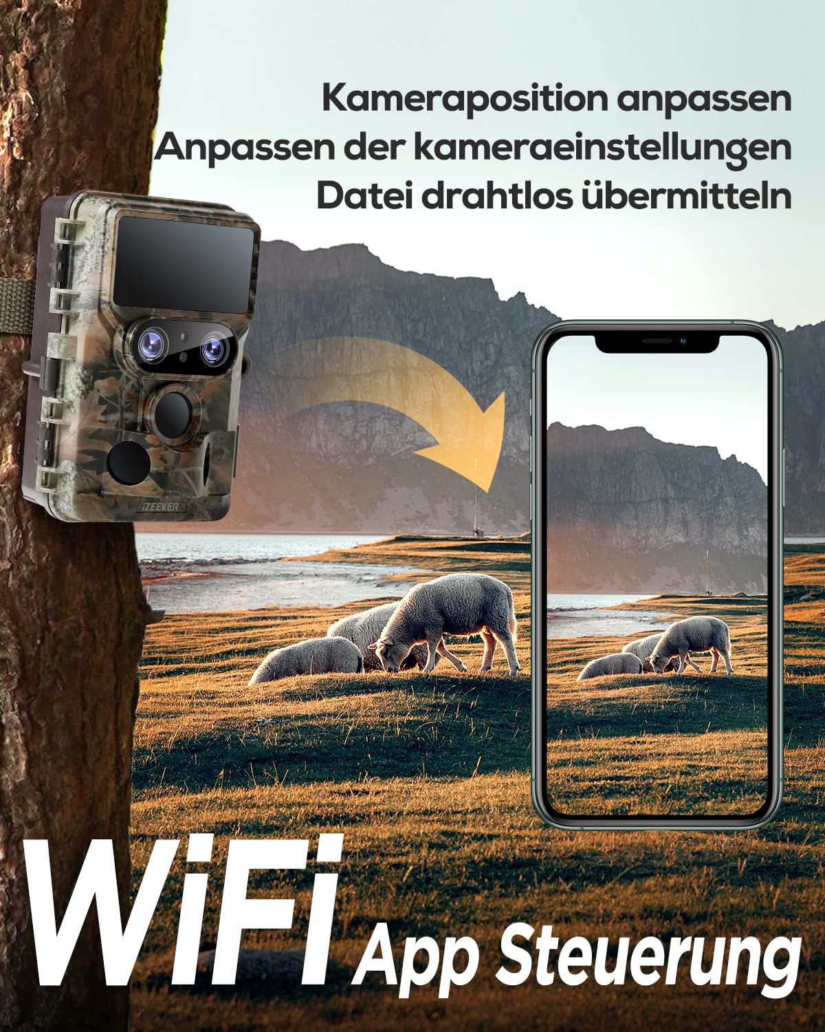 iZEEKER Trail Camera WiFi Dual Lens 4K 30fps 60MP, Wildlife Camera with Starlight Night Vision Motion Sensor, 120° Detection Angle 0.1s Trigger Time, Game Camera with 32GB SD Card and 4 Batteries
