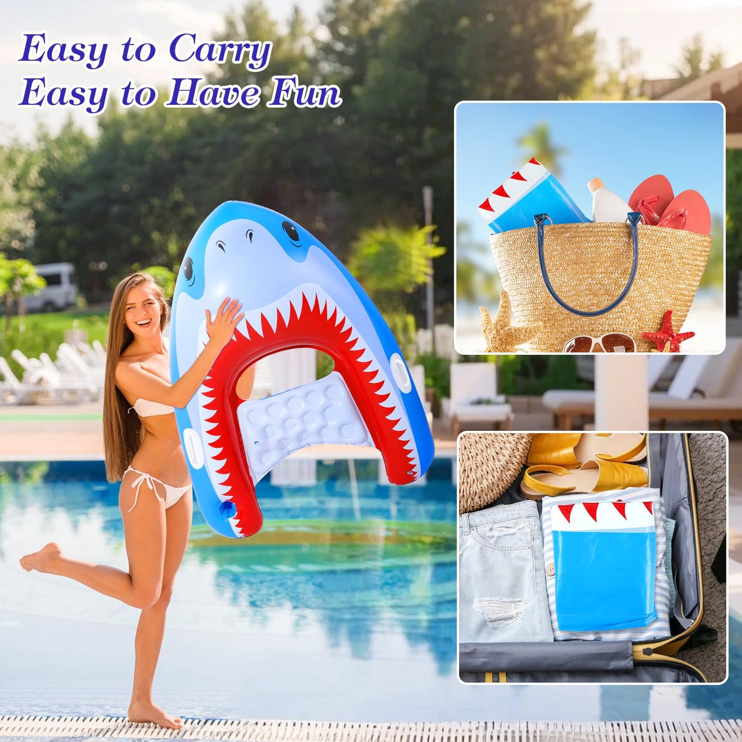 MoKo Pool Float for Adults, 135×107 cm Large Swim Bed with Cup Holder and Handles, Inflatable Sun Lounger Hammock Tanning Chair Pool Toy, 2 Pieces, Blue Shark
