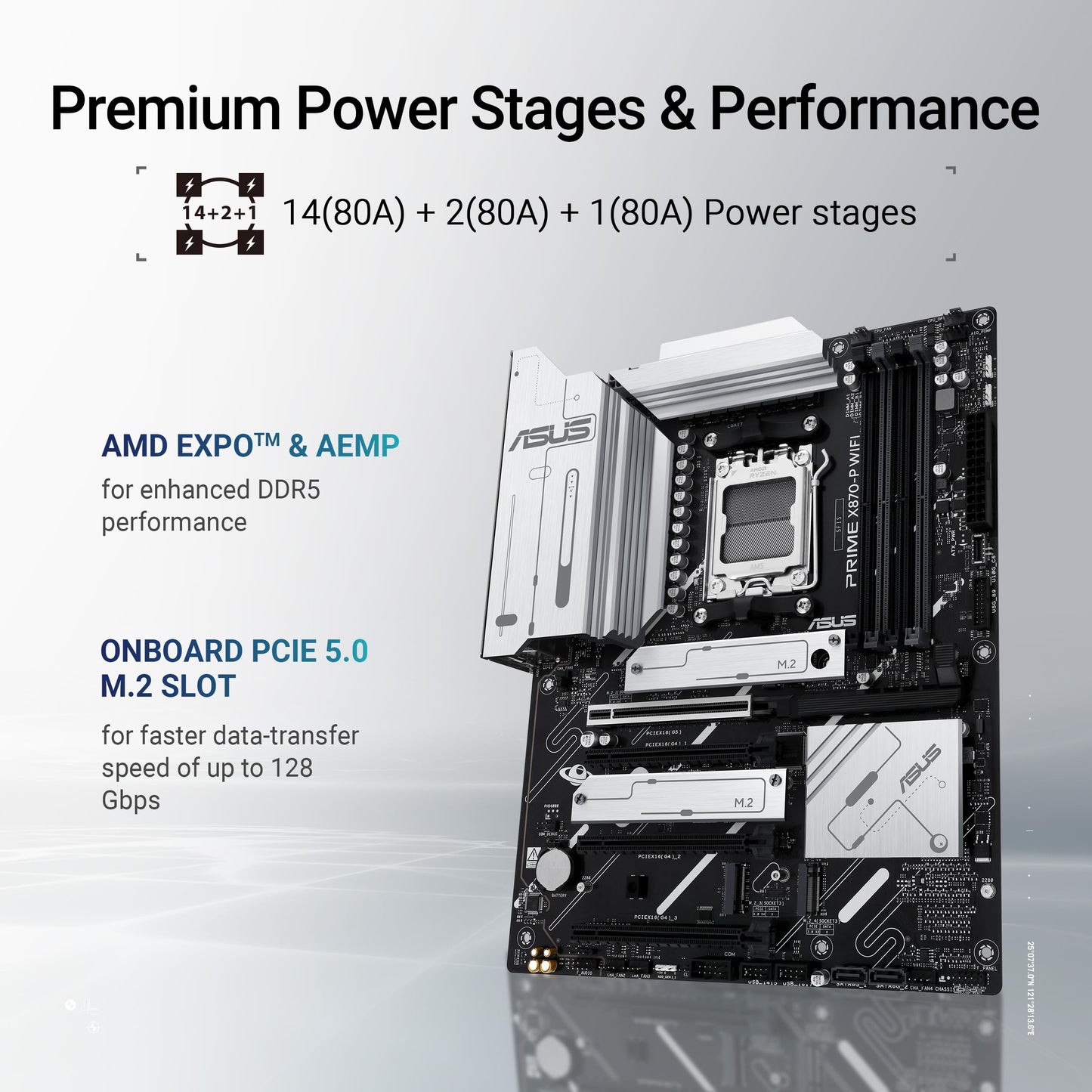 ASUS Prime X870-P WiFi motherboard socket AM5 (AMD, ATX, PCIe 5.0, DDR5, 14+2+1 power stages, 4X M.2, WiFi 7, 2.5Gb Ethernet, USB-C 40Gbps)