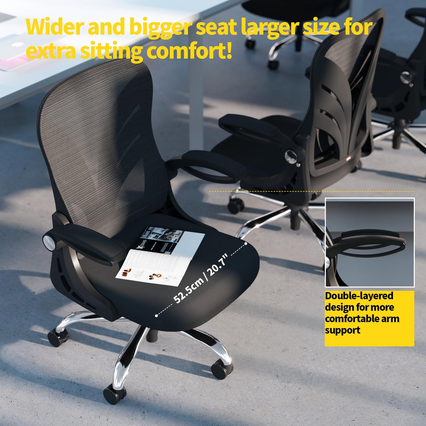 HOLLUDLE Ergonomic Office Chair with Folding Backrest, Desk Chair with Extended Seat (52 cm), Flip-up Armrests and Mesh Lumbar Support Swivel Computer Chair, Black