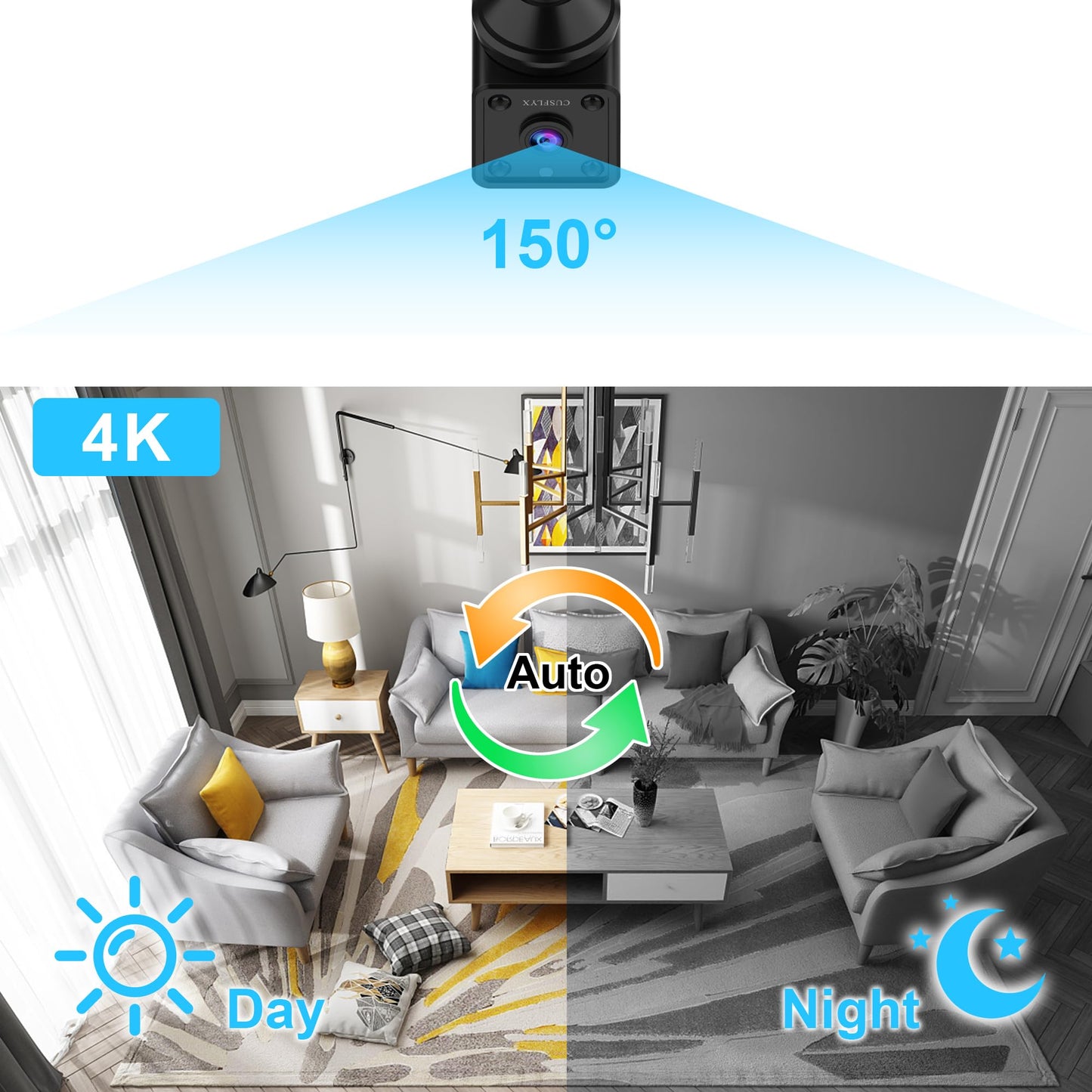 4K mini camera, CUSFLYX Cloud WIFI portable surveillance camera, battery operated, motion detection, IR night vision, nanny pet home office garage, wide angle, easy installation TF card recording.