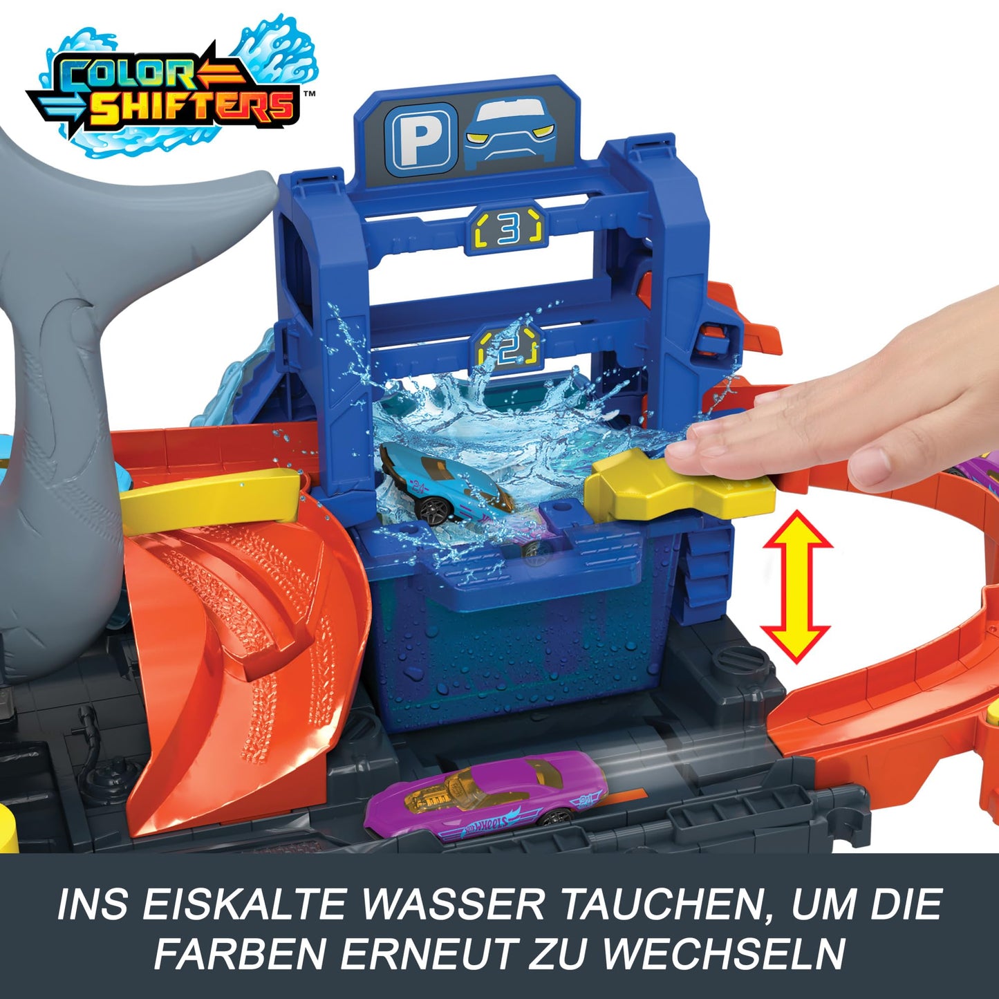 Hot Wheels Let's Race Netflix City toy car track set, Ultimate Shark car wash with 1:64 scale toy car, color change feature, repeatable color change effect, storage, HTN82.