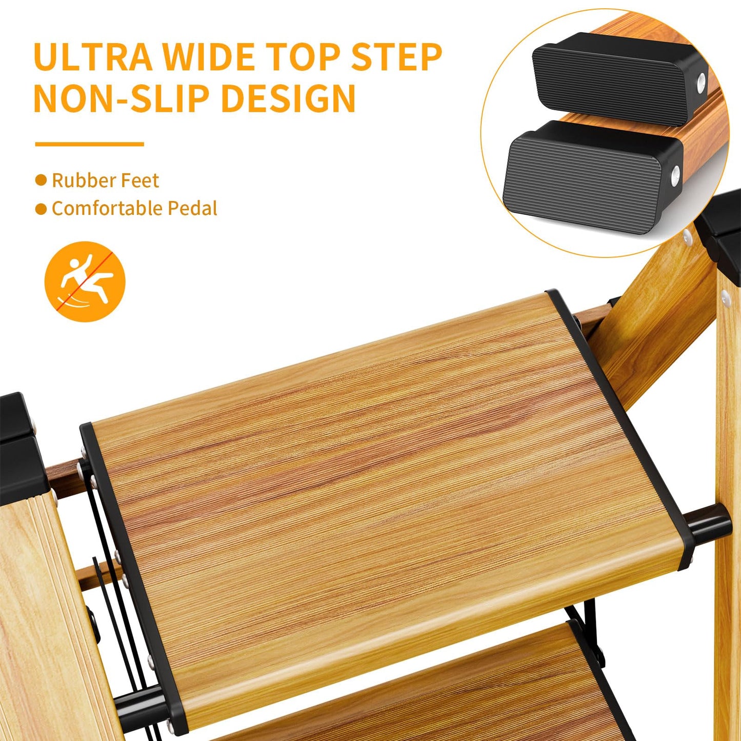 KULACO Folding 2 Step Ladder, Aluminum Foldable Ladder, Portable Step Ladder, Non-Slip Household Ladder, Multifunctional Ladder with Wood Grain Design for Home and Camping, Supports up to 150 kg.