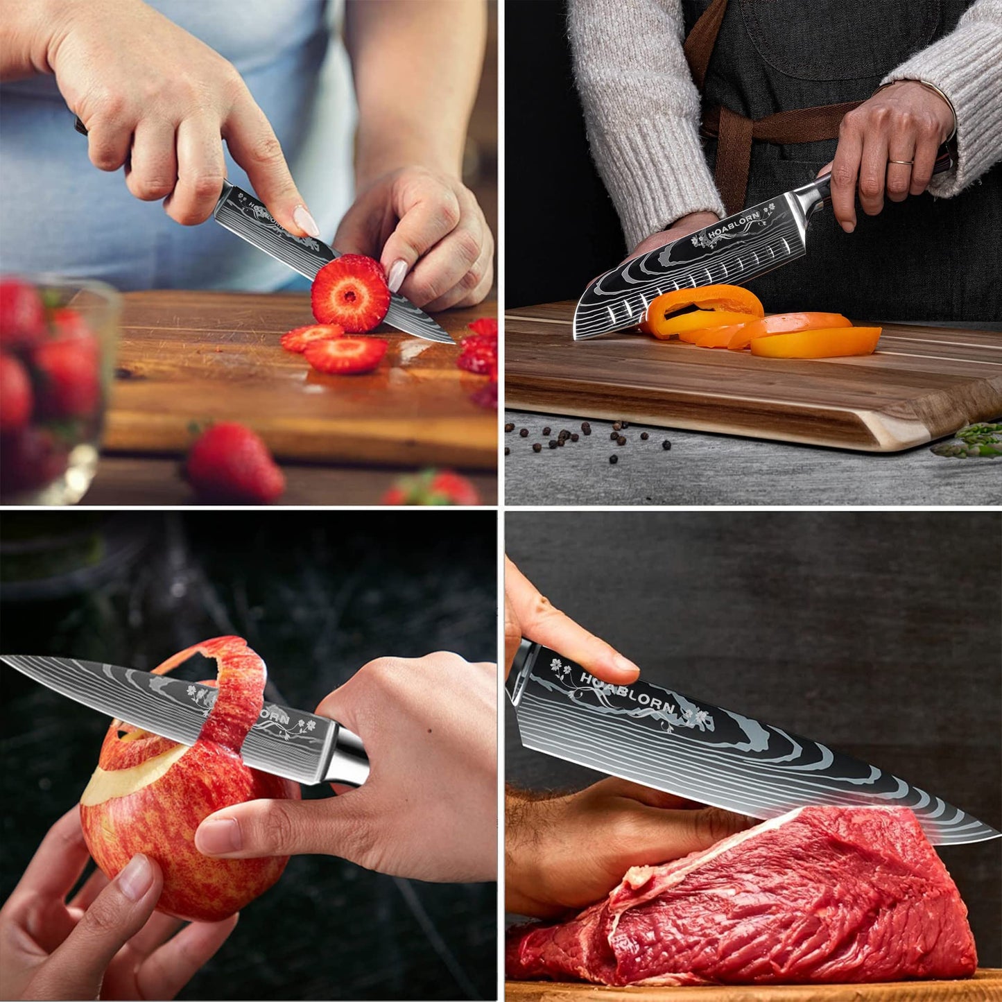 Kitchen Knife Set with Block HOABLORN Luxury 15-piece Knife Block with Knives: Acacia Knife Holder with Strong Magnetic Heart, knife set with block, for housewarming and wedding gifts.