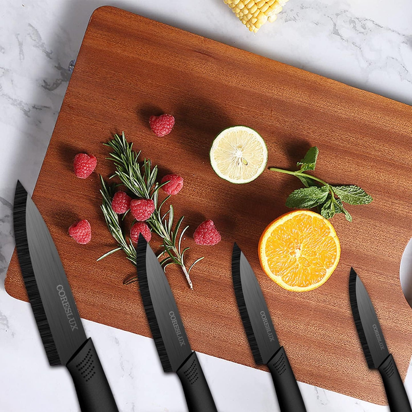 CORESLUX Ceramic Knife Set, 4 Ceramic Kitchen Knives with 1 Peeler, Non-Stick Coating, Sharp, Chef Knife, Ceramic Knife Set for Cutting Fruits Vegetables Meat (Black)