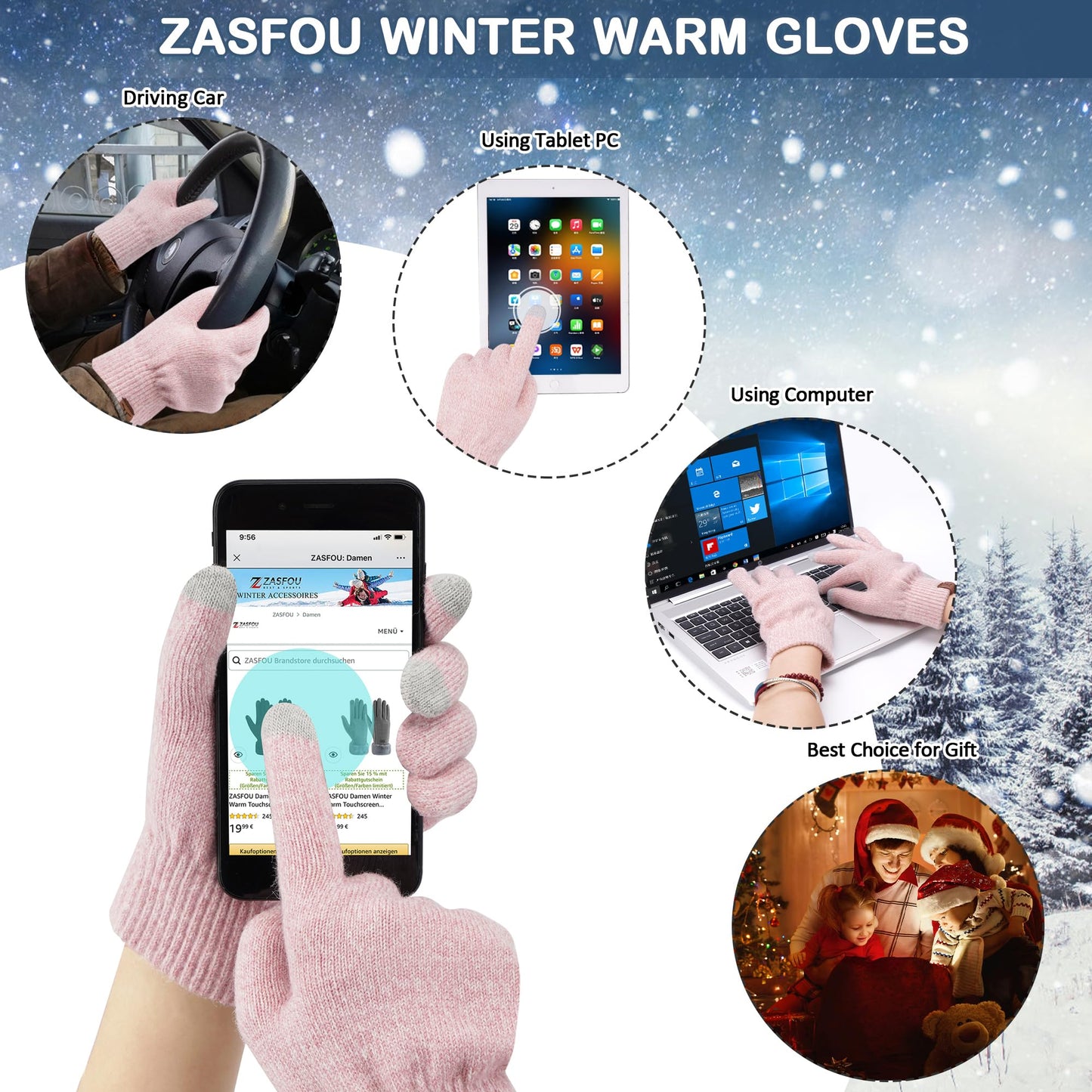 ZASFOU Women's Winter Hat Scarf Touchscreen Gloves Set Thermal Beanie Knit Tube Scarf Winter Gloves Gift for Women
