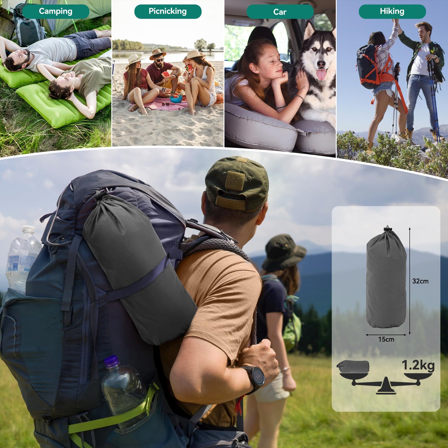 YITAHOME self-inflating sleeping pad for 2 people, 195x120, ultralight camping air mattress with built-in pump and pillow. Comes with carrying bag and foot pump for travel. (Dark Grey)