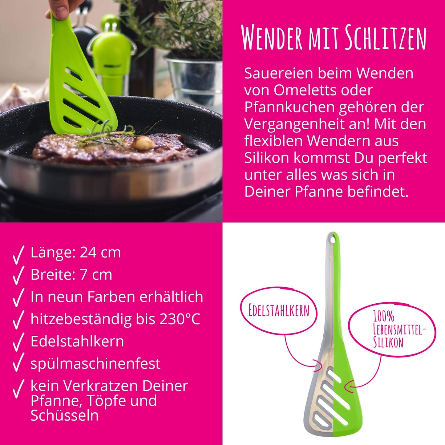 Kitchen helper set from Kochblume - design turner S & gravy spoon S & ladle S & flex spoon S 4-piece set | Premium silicone | Heat-resistant | Dishwasher safe | Color: pink.