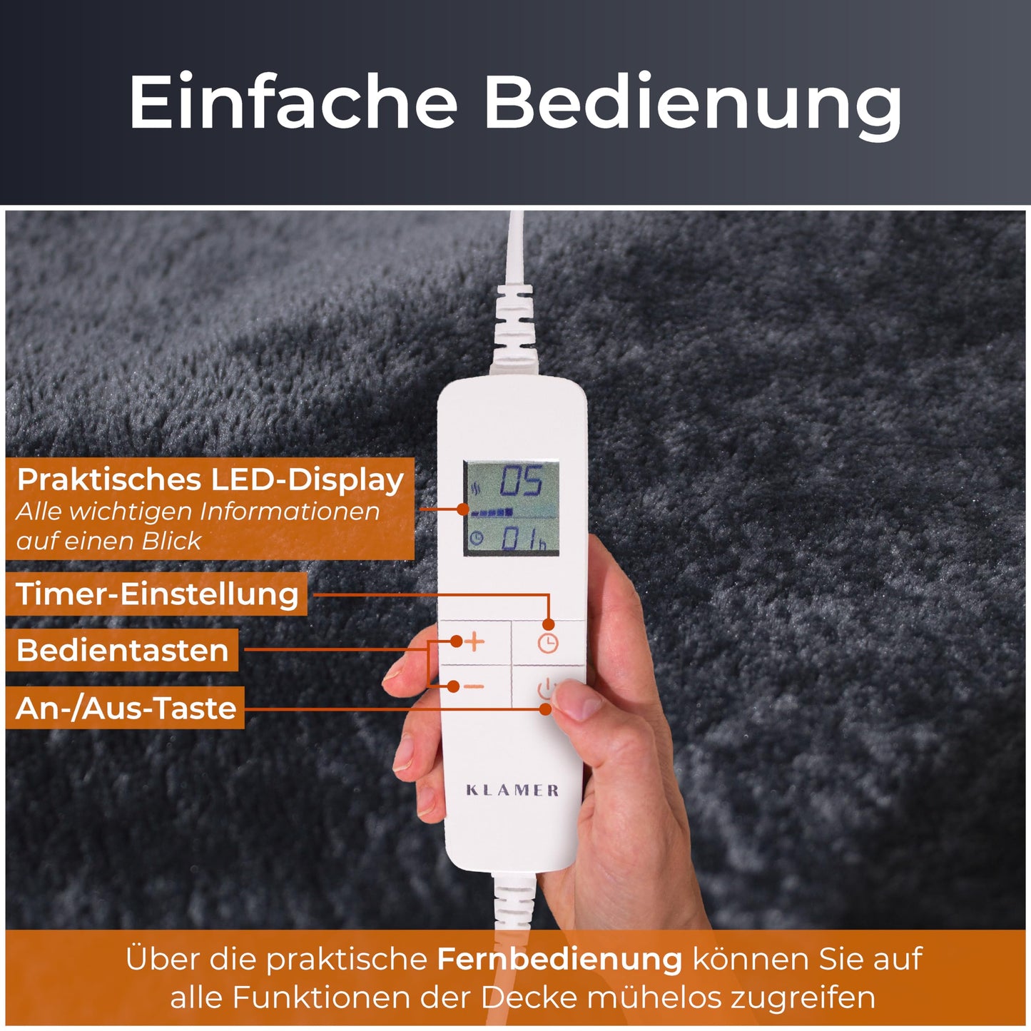 KLAMER electric heated blanket with automatic shut-off, 180x130 cm, washable, 10 temperature levels, suitable for bed, sofa, and office, dark grey.