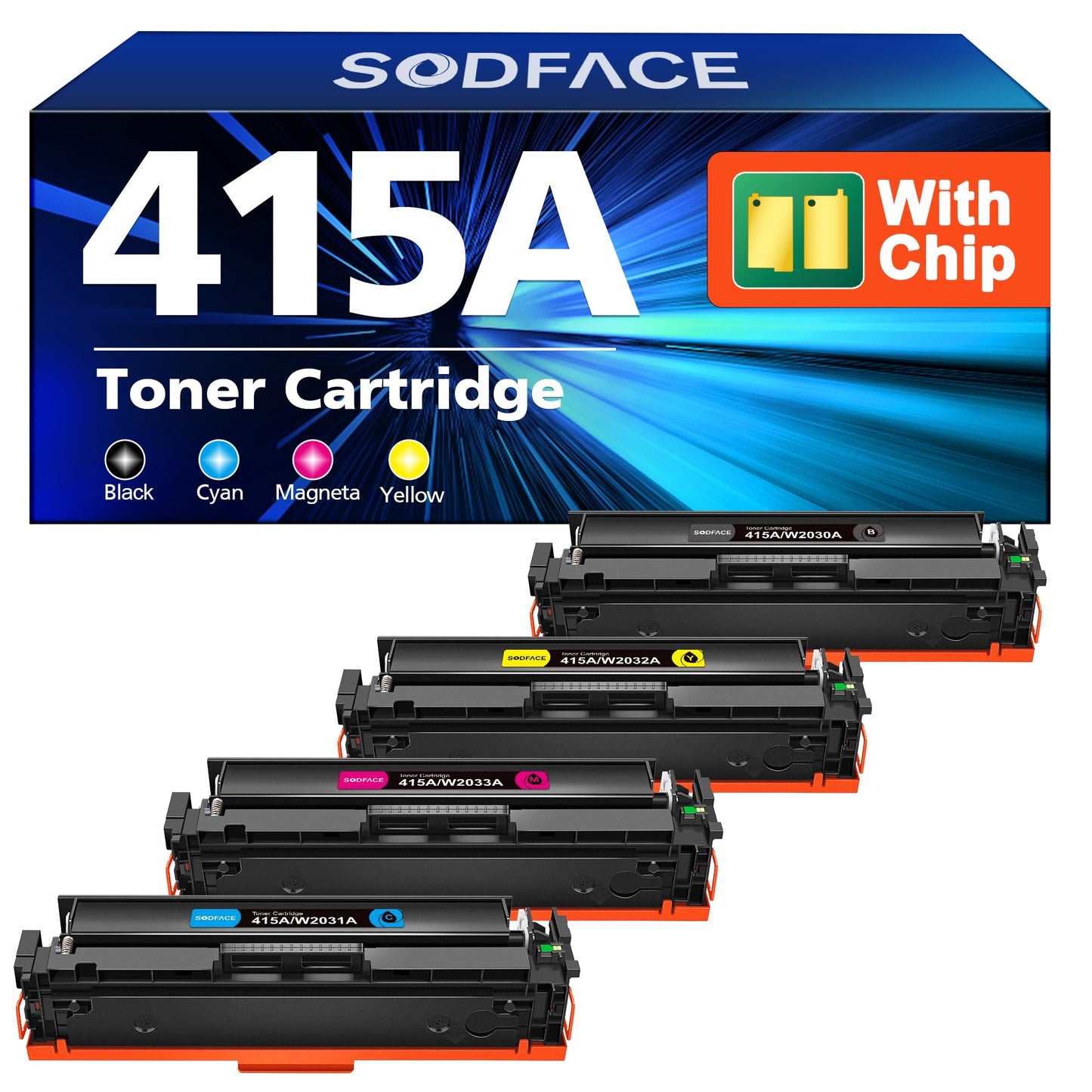 SODFACE 415A Toner with Chip Compatible for HP 415A 415X for Color Laserjet Pro MFP M479fdw M479dw M479fnw M479fdn M454dw W2030A W2031A W2032A W2033A (Black Cyan Yellow Magenta, 4-Pack)
