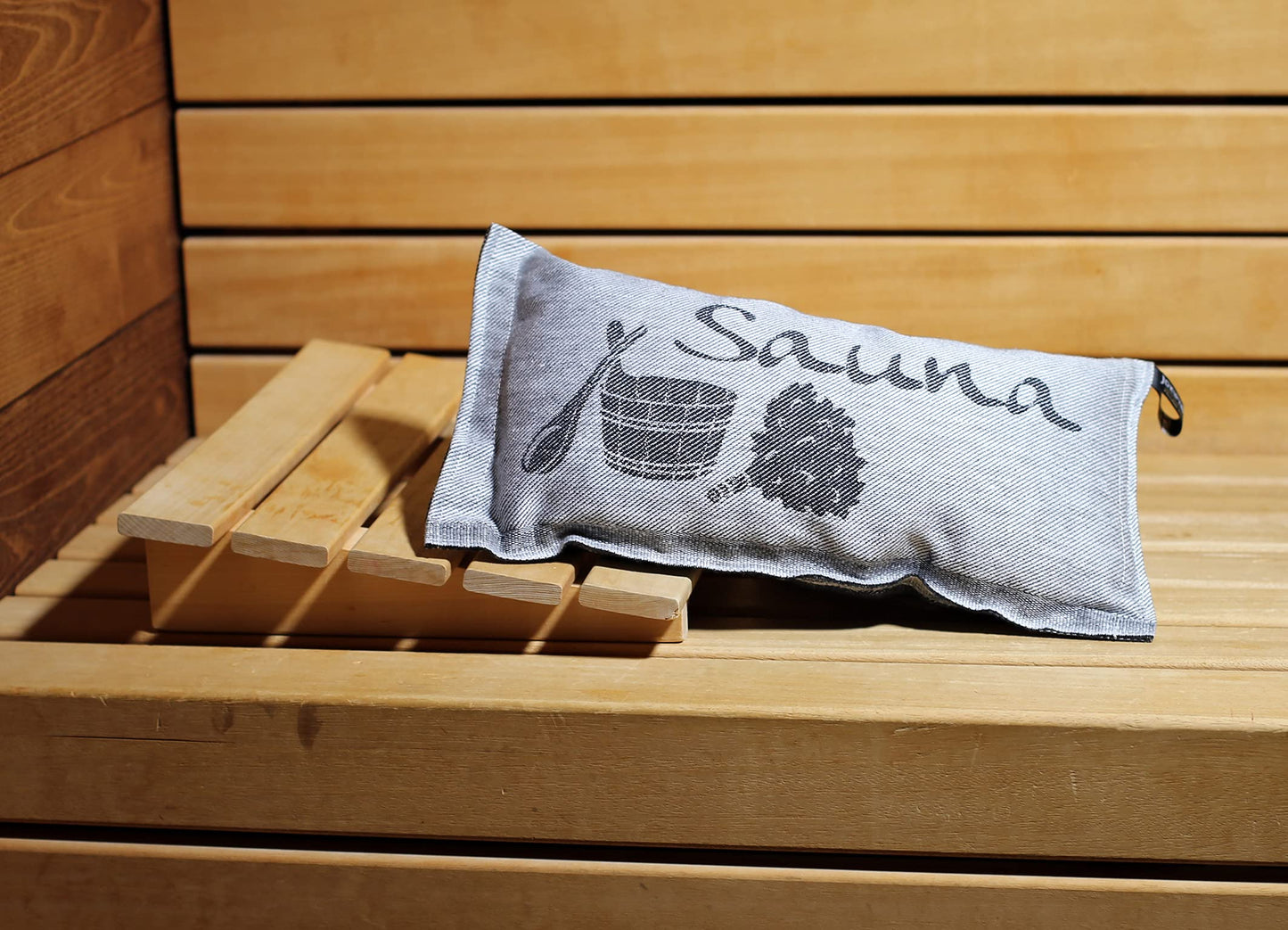 JOKIPIIN | 1 x Favorite sauna pillow travel pillow | Design: Sauna | Dimensions: 40 x 22 cm, linen/cotton | pollutant tested Ökotex 100 | Made in Finland (Black/White)