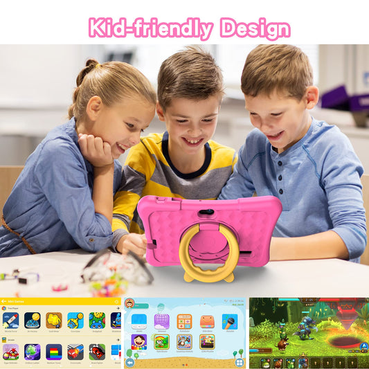 PRITOM 7-inch Android tablet with Quad Core, 2GB RAM, 32GB ROM, Bluetooth, WiFi, dual cameras, educational games, child lock, pre-installed kids software, and a kids tablet case. Type C charging port. Color: Pink.