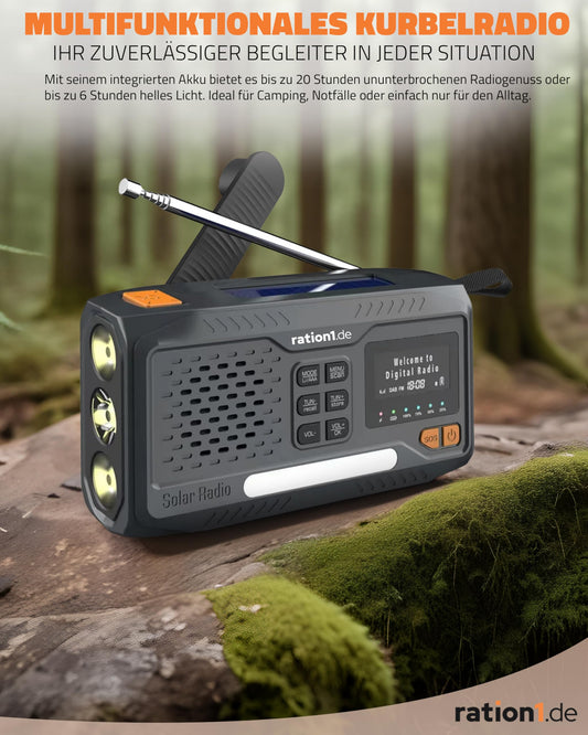 Ration1 crank radio DAB+, portable solar radio with LED flashlight, 2000mAh power bank, hand crank, SOS function, Bluetooth, USB-C, for camping and emergency situations.