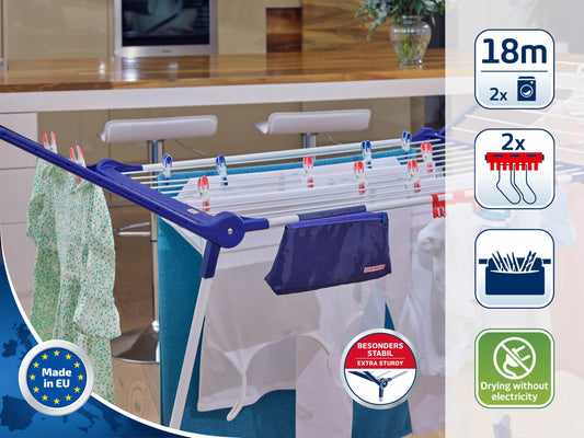 Leifheit Stand Dryer Pegasus 180 Solid Plus with stable base, clothes rack for long laundry, wing dryer for space-saving storage.