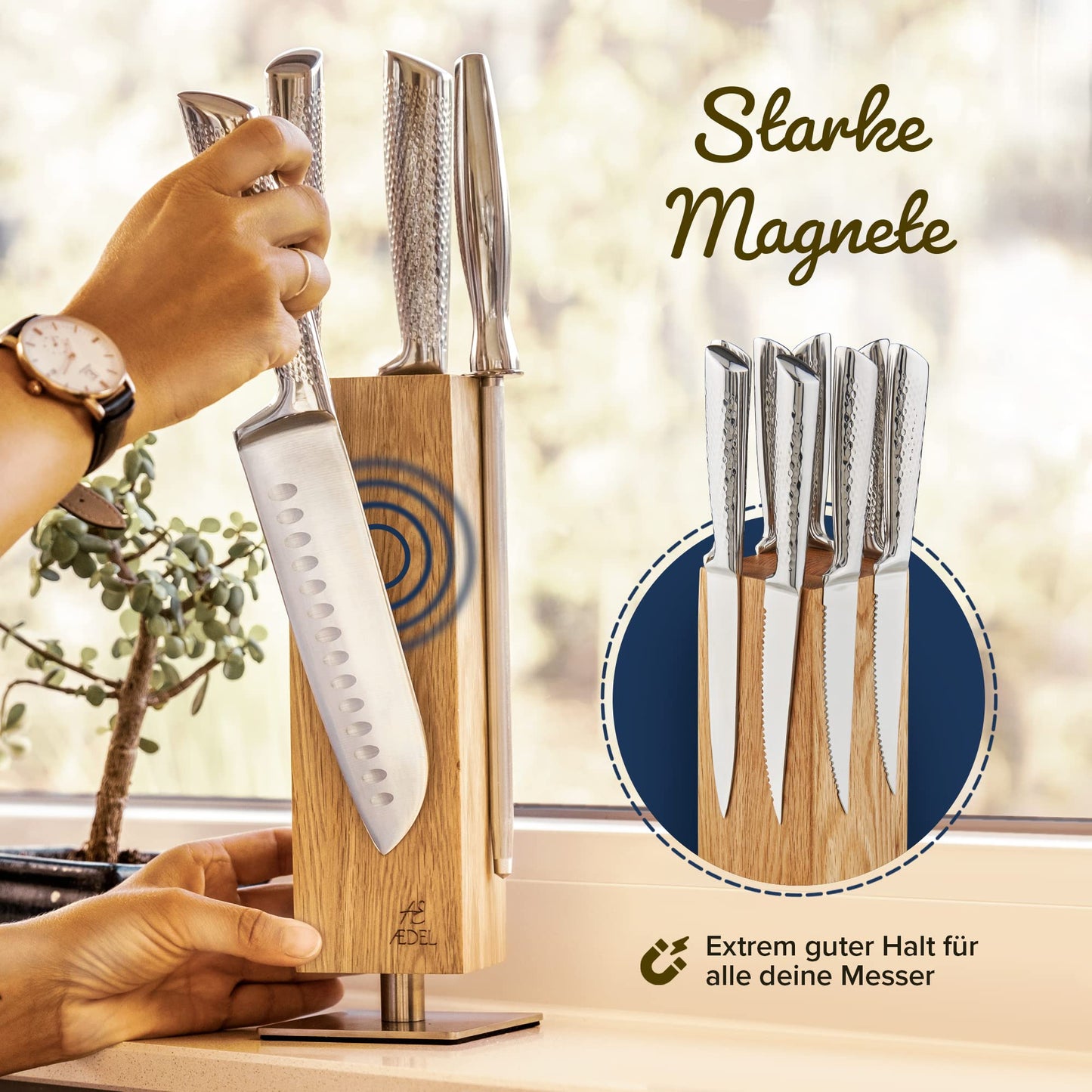 AEDEL Design Premium Magnetic Knife Block Rotating 360 Degrees - Magnetic Knife Holder made of exquisite oak wood - Universal Magnetic Knife Holder Unfilled Wood